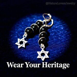 Black Stone Beads & Six Pointed Star Earrings! Star of David!